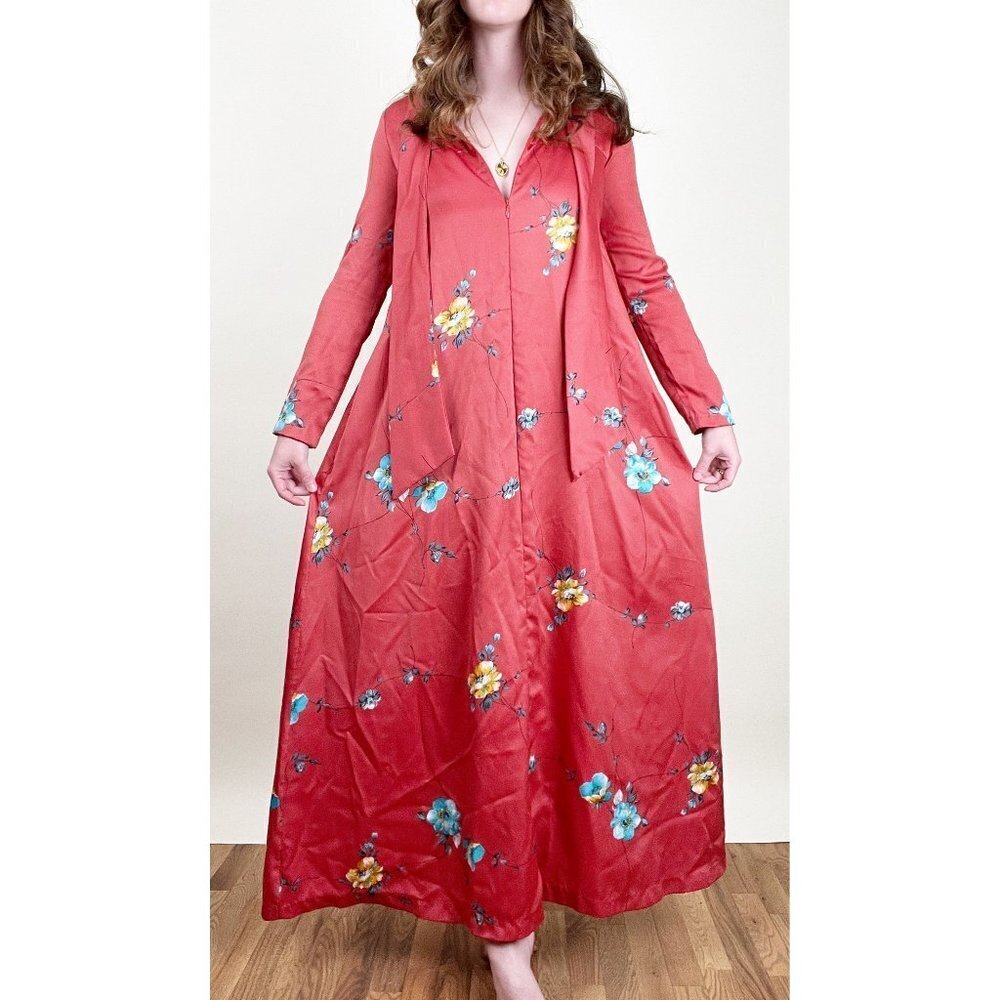 Vintage 50s 60s Maxi Dress House Coat Cover Up Duster Floral Mid Century Modern - Picture 1 of 4
